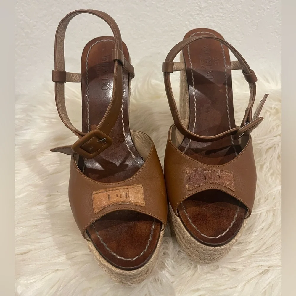 Valentino‎ Garavani Leather Espadrille Wedges Brown Bow Accents Wedge